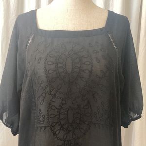 Gorgeous boho sheer black eyelet blouse, puff sleeve black , size XS